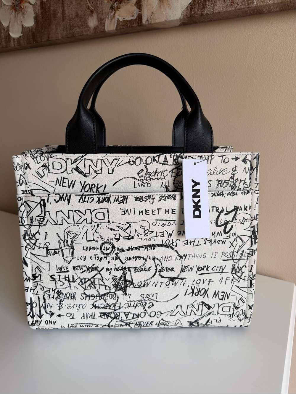 DKNY Black & White Graffiti Canvas Tote with Black Handles NWT - Picture 2 of 9